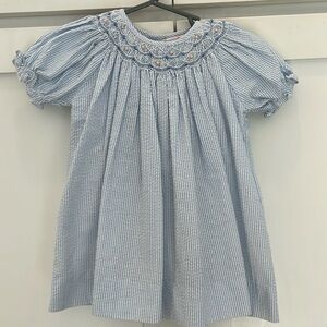 Pale blue and white smocked seersucker dress. 6M